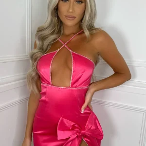 Cheap Anna Bow Front Jewel Mini Dress - Fuchsia Women Dresses