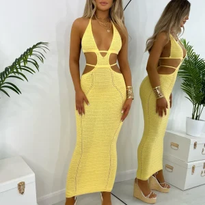 Fashion Bali Palms Crochet Maxi Dress - Yellow Women Dresses