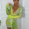 Store Carmen Print Mesh Dress - Green Women Dresses