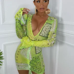Store Carmen Print Mesh Dress - Green Women Dresses