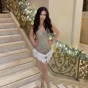 Fashion Cindy Feather Trim Glitter Mini Dress - Silver Women Dresses