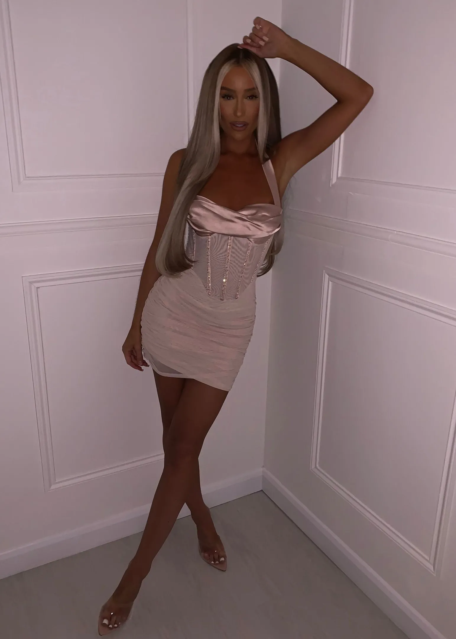 Fashion Daphne Halter Neck Diamante Corset Mini Dress - Champagne Women Dresses