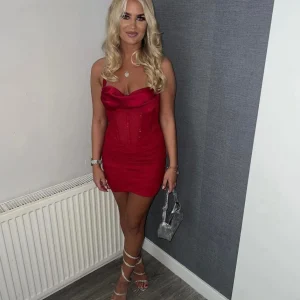Shop Daphne Halter Neck Diamante Corset Mini Dress - Red Women Dresses