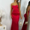 Discount Delilah Ruched Corset Satin Gown - Red Women Dresses