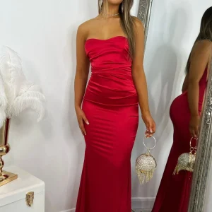 Discount Delilah Ruched Corset Satin Gown - Red Women Dresses