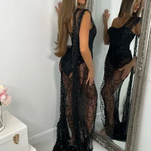 Sale Diamond Nights Glitter Mesh Maxi Dress - Black Women Dresses