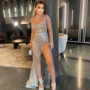 Flash Sale Diamond Nights Glitter Mesh Maxi Dress - Silver Women Occasion Wear