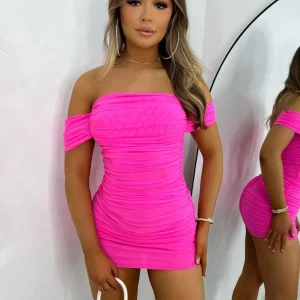 Hot Elle Off Shoulder Mini Dress - Hot Pink Women Dresses