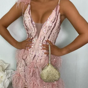 Cheap Felicity Premium Sequin Feather Mini Dress - Pink Women Dresses