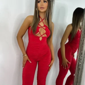 Clearance Giovanna Ruched Jumpsuit - Red Women Rompers & Jumpsuits
