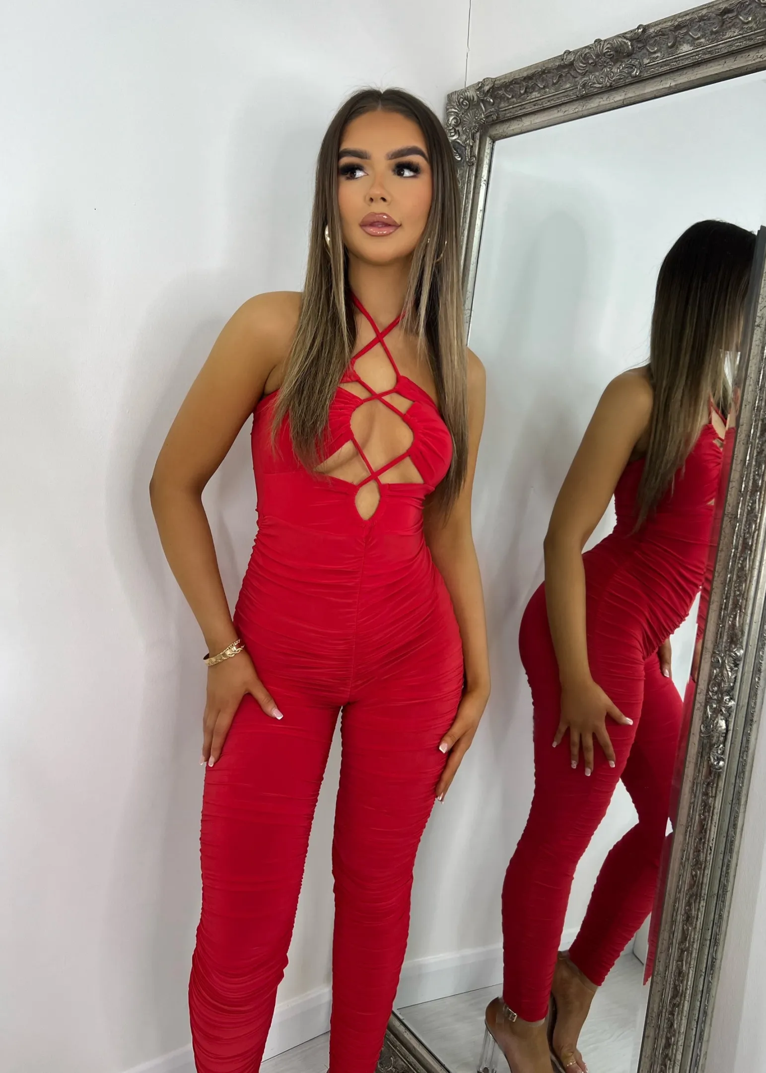 giovanna_ruched_jumpsuit__red_2.webp Clearance Giovanna Ruched Jumpsuit - Red Women Rompers & Jumpsuits