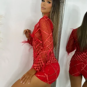 Fashion Just My Type Feather Mesh Two Piece - Red Women Co-Ords