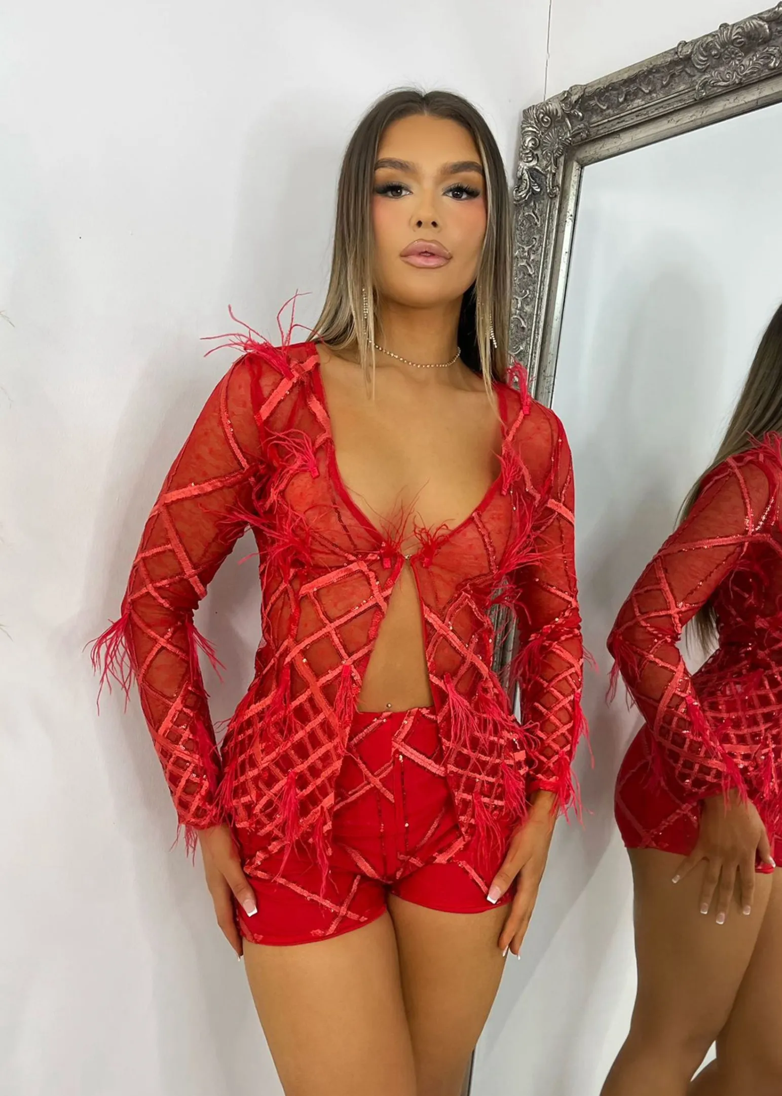 just_my_type_feather_mesh_two_piece__red_2.webp Fashion Just My Type Feather Mesh Two Piece - Red Women Co-Ords
