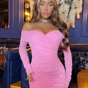 Online Kylie Sparkle Mesh Mini Dress - Baby Pink Sparkle Women Dresses