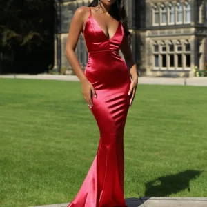 Best Love Affair Satin Gown With Ruched Back - Red Women Dresses