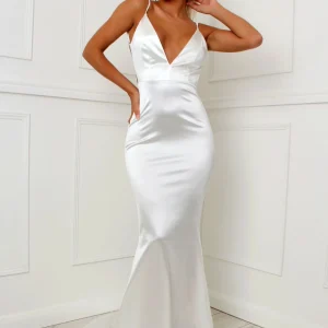 Store Love Affair Satin Gown With Ruched Back - White Women Occasion Wear