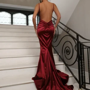 Best Love Affair Satin Gown With Ruched Back - Wine Women Dresses