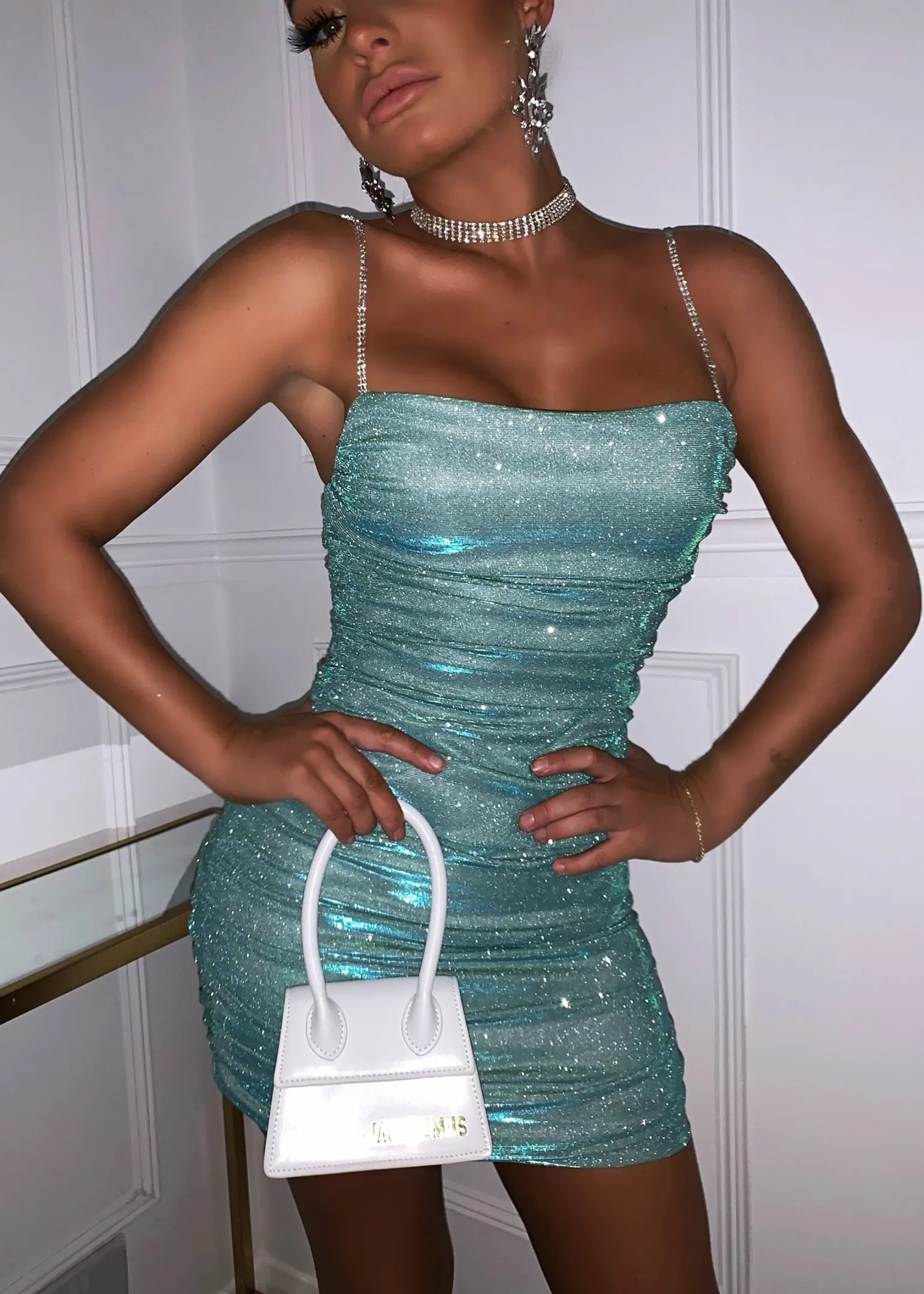 material_girl_ruched_glitter_dress__mint_4.webp Best Sale Material Girl Ruched Glitter Dress - Mint Women Dresses