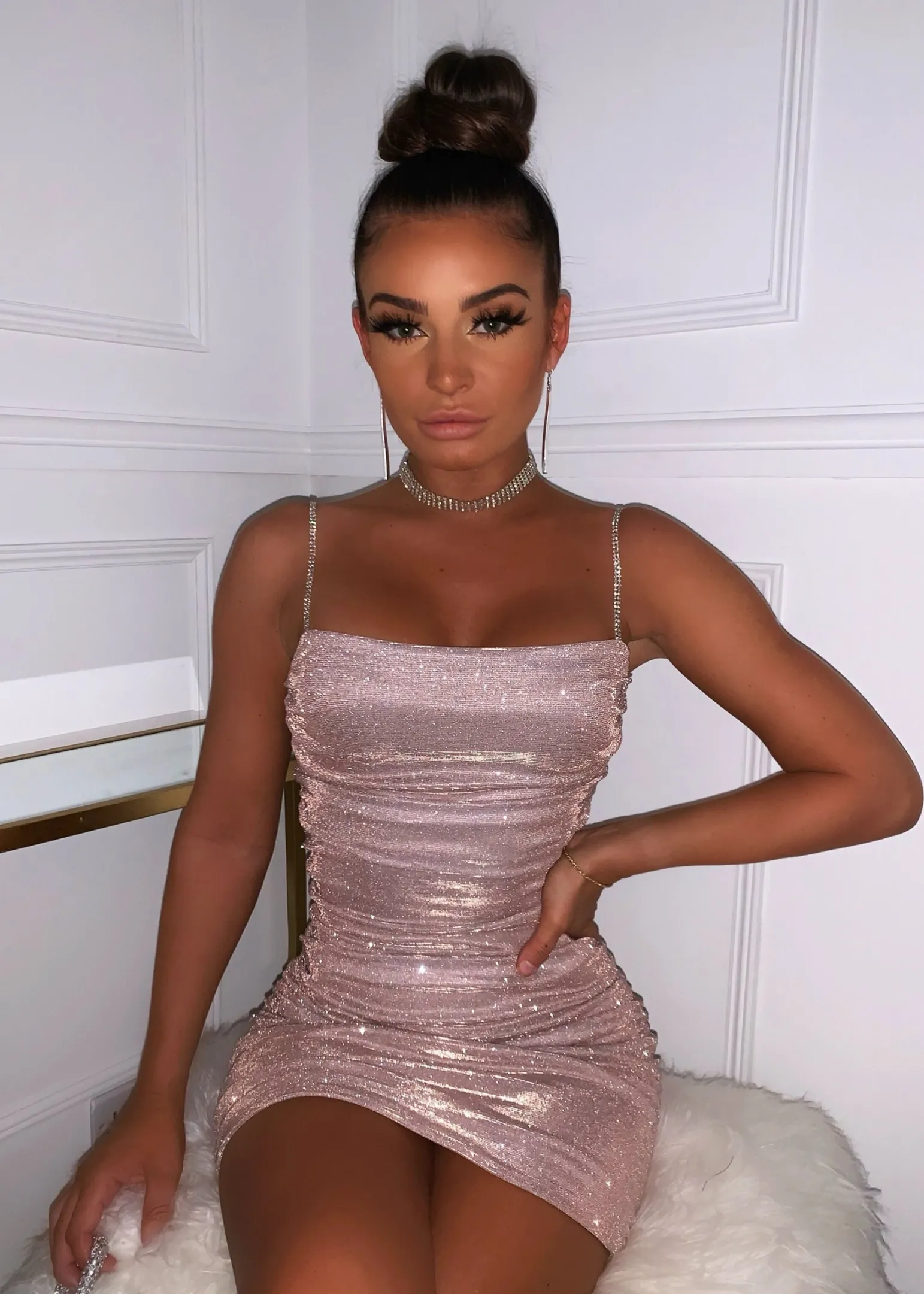 material_girl_ruched_glitter_dress__rose_gold_0.webp Store Material Girl Ruched Glitter Dress - Rose Gold Women Dresses