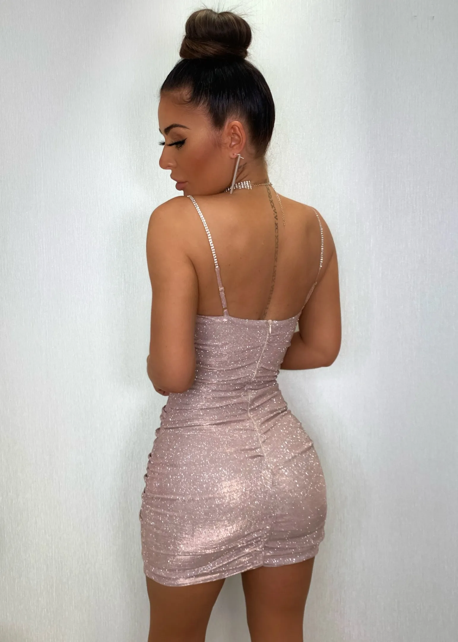 material_girl_ruched_glitter_dress__rose_gold_6.webp Store Material Girl Ruched Glitter Dress - Rose Gold Women Dresses