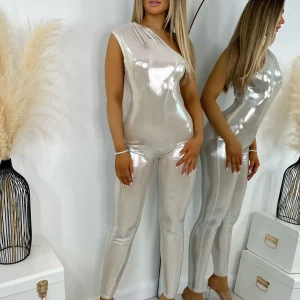 Cheap Power Hour Metallic One Shoulder Jumpsuit - Champagne Women Rompers & Jumpsuits
