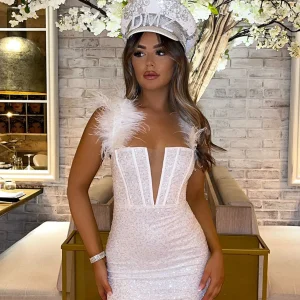 Shop Saski Feather Mini Dress - White Women Dresses