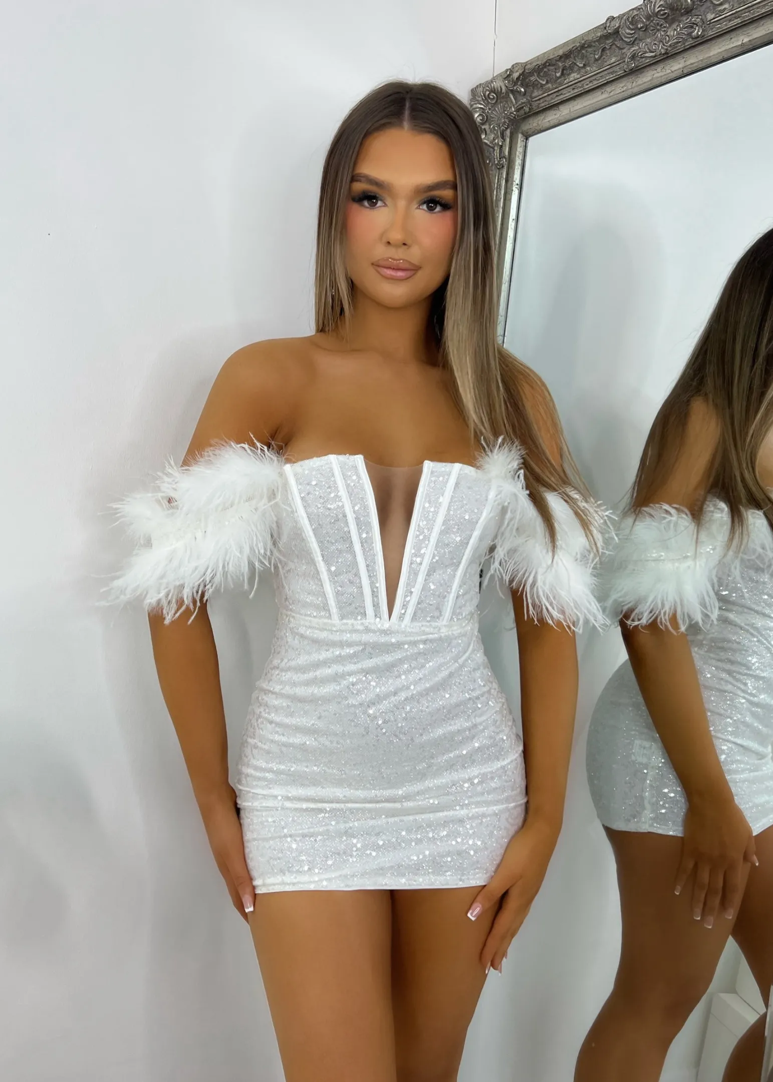 saski_feather_mini_dress__white_8.webp Shop Saski Feather Mini Dress - White Women Dresses