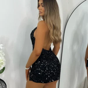 Hot Secret Identity Halter Neck Sparkle Mini Dress - Black Women Dresses