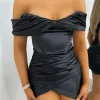 Store Slipped My Mind Bardot Corset Satin Dress - Black Women Dresses