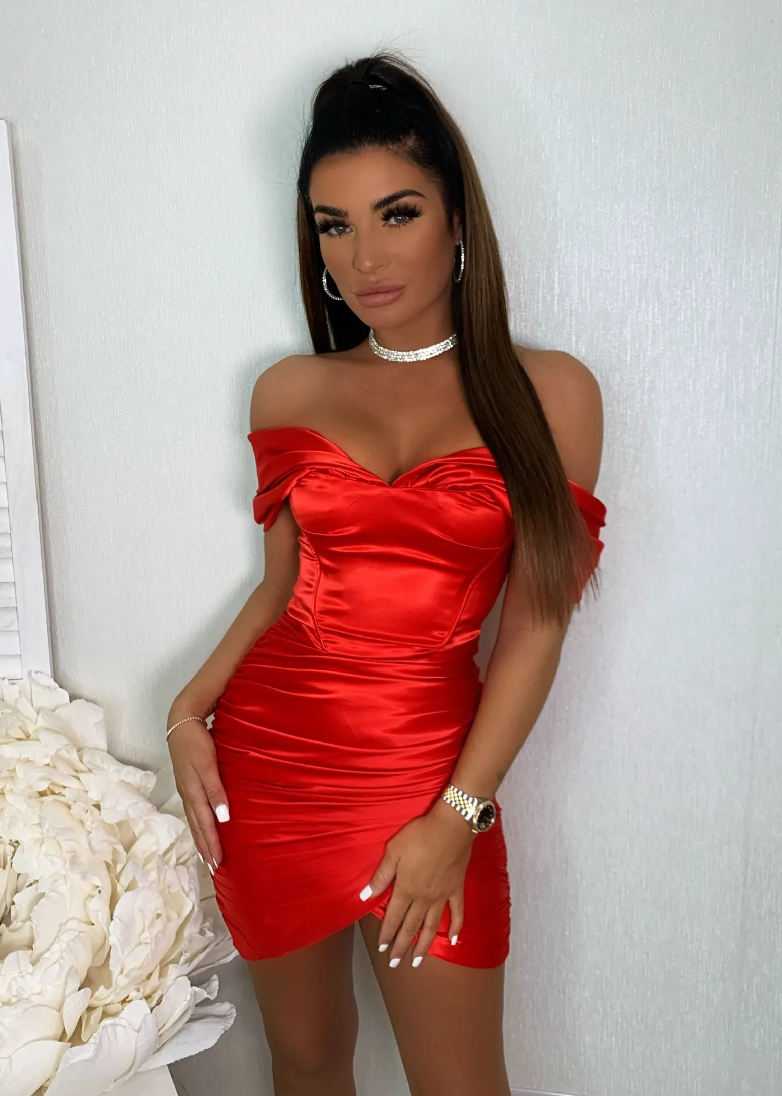 Hot Slipped My Mind Bardot Corset Satin Dress - Red Women Dresses