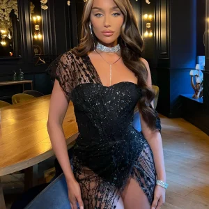 Cheap Sparkle Delight Glitter Mesh Dress - Black Women Dresses