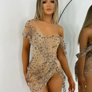 Best Sparkle Delight Glitter Mesh Dress - Bronze Women Dresses
