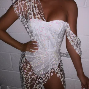 Sale Sparkle Delight Glitter Mesh Dress - White Women Dresses