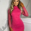 Cheap Sweet Glamour High Neck Long Sleeve Mini Dress - Hot Pink Women Dresses