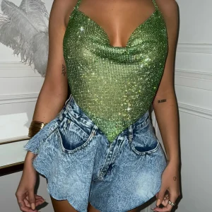 Clearance Tayce Diamante Chainmail Halter Neck Top - Green Women Tops / Bodysuits