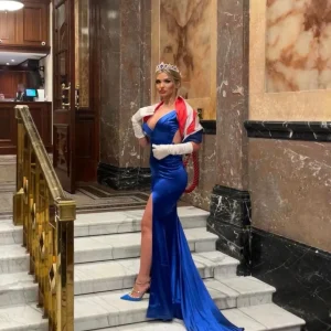 Store Touch Of Glamour Satin Gown With Side Slit - Cobalt Blue Women Dresses