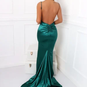 Store Touch Of Glamour Satin Gown With Side Slit - Emerald Green Women Occasion Wear