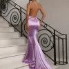 Hot Touch Of Glamour Satin Gown With Side Slit - Lilac Women Dresses