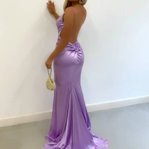 Hot Touch Of Glamour Satin Gown With Side Slit - Lilac Women Dresses