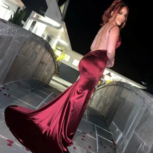Cheap Touch Of Glamour Satin Gown With Side Slit - Wine Women Dresses