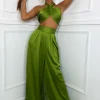 Cheap Turn Up The Heat Satin Two Piece - Green Women Co-Ords