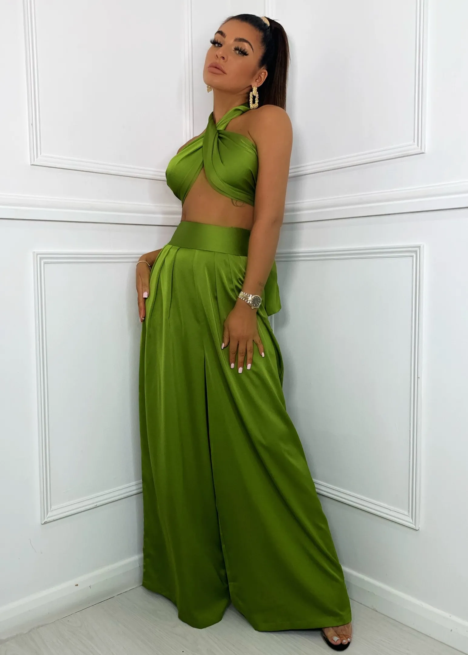 turn_up_the_heat_satin_two_piece__green_3.webp Cheap Turn Up The Heat Satin Two Piece - Green Women Co-Ords