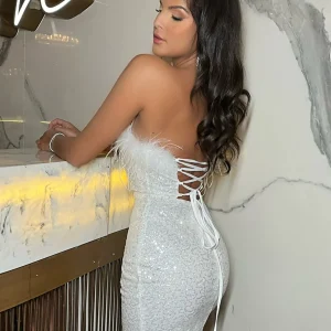 Store Wasting Angels Feather Trim Glitter Mini Dress - White Women Dresses